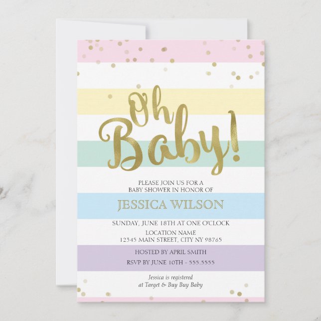 Faux Gold Foil Rainbow Stripes Oh Baby Shower Invitation (Front)