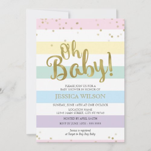 Faux Gold Foil Rainbow Stripes Oh Baby Shower Invitation