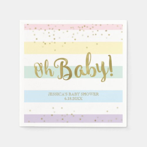 Faux Gold Foil Rainbow Stripes Oh Baby Shower Napkins