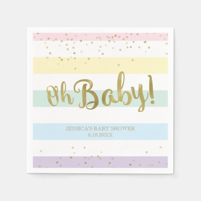 Faux Gold Foil Rainbow Stripes Oh Baby Shower Napkins (Front)