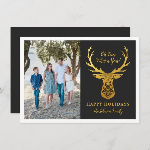 Faux Gold Foil Reindeer Oh Deer Photo Holiday Card