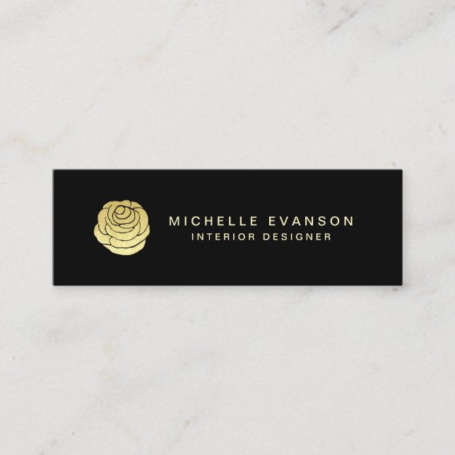 Faux Gold Foil Rose Logo Elegant Black Mini Business Card (Front)