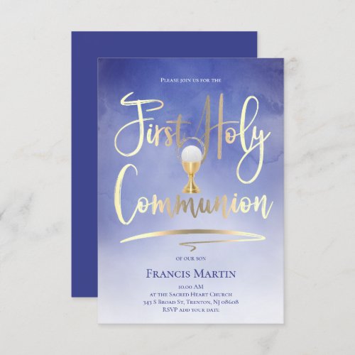 FAUX gold foil script on blue  First Communion Invitation