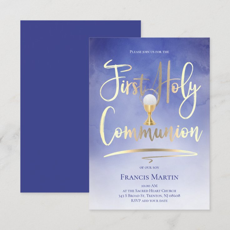 FAUX gold foil script on blue | First Communion Invitation | Zazzle