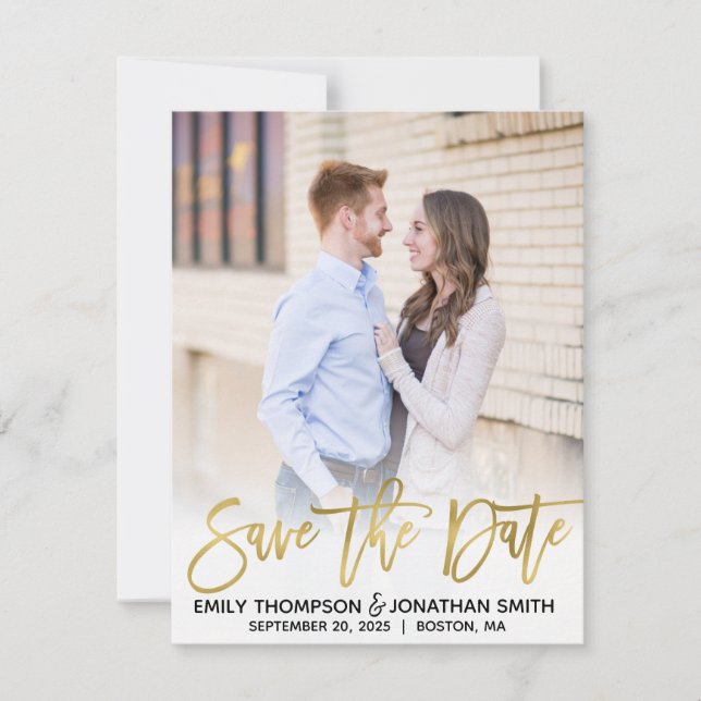 Faux Gold Foil Script Photo Save the Date Card (Front)