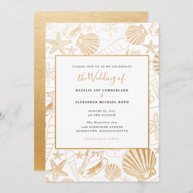 Faux gold foil sea shell wedding, beach theme invitation (Front/Back)