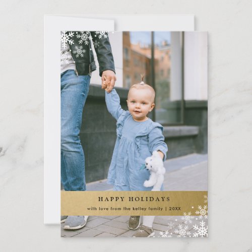 Faux Gold Foil Snowflake Accents Vertical Photo Holiday Card