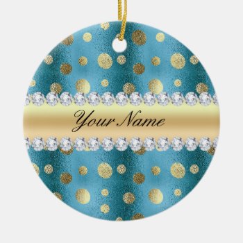 Faux Gold Foil Spots On Metallic Blue Ceramic Ornament by glamgoodies at Zazzle