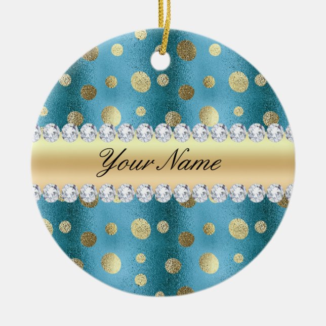 Faux Gold Foil Spots on Metallic Blue Ceramic Ornament (Front)