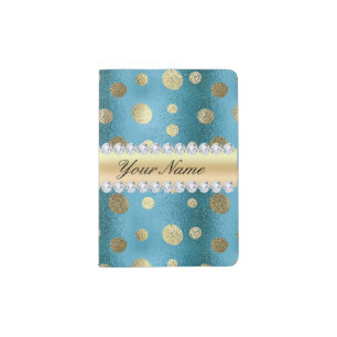 Faux Gold Foil Spots on Metallic Blue Passport Holder