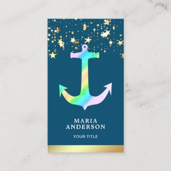 Faux Gold Foil Stars Confetti Blue Rainbow Anchor Business Card by ShabzDesigns at Zazzle