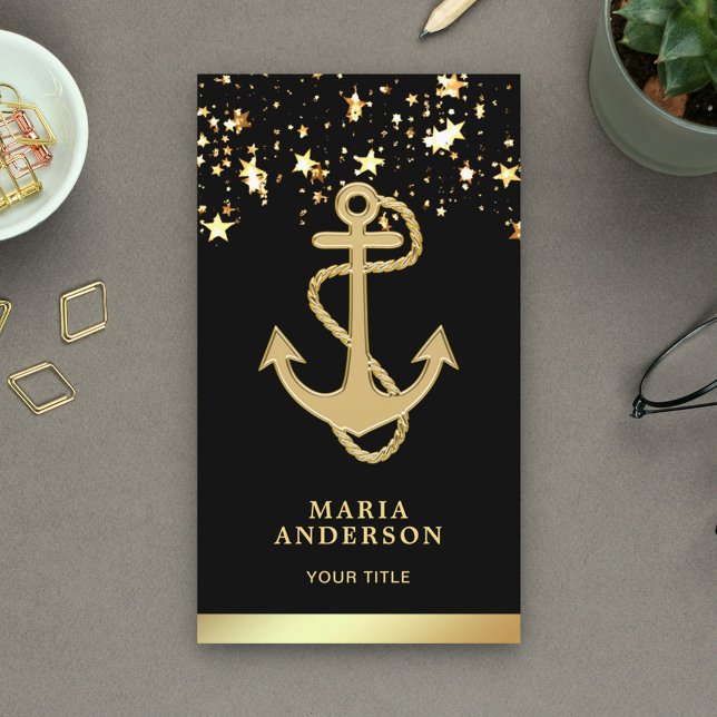 Faux Gold Foil Stars Confetti Nautical Rope Anchor Business Card (Creator Uploaded)