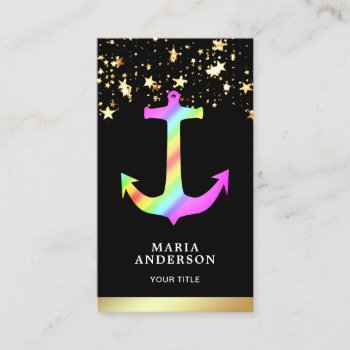 Faux Gold Foil Stars Confetti Rainbow Anchor Business Card by ShabzDesigns at Zazzle