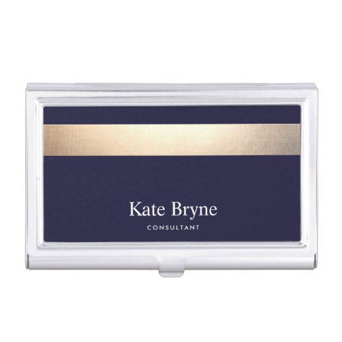 Faux Gold Foil Stripe Classic Navy Blue Name Case For Business Cards