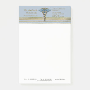 Faux Gold Foil Stripes Light Blue Caduceus Medical Post-it Notes