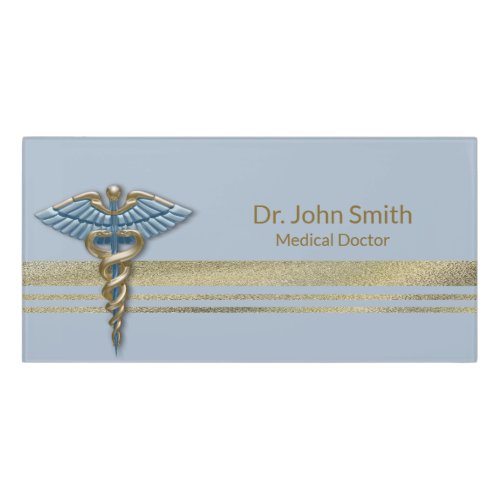 Faux Gold Foil Stripes Medical Light Blue Caduceus Door Sign