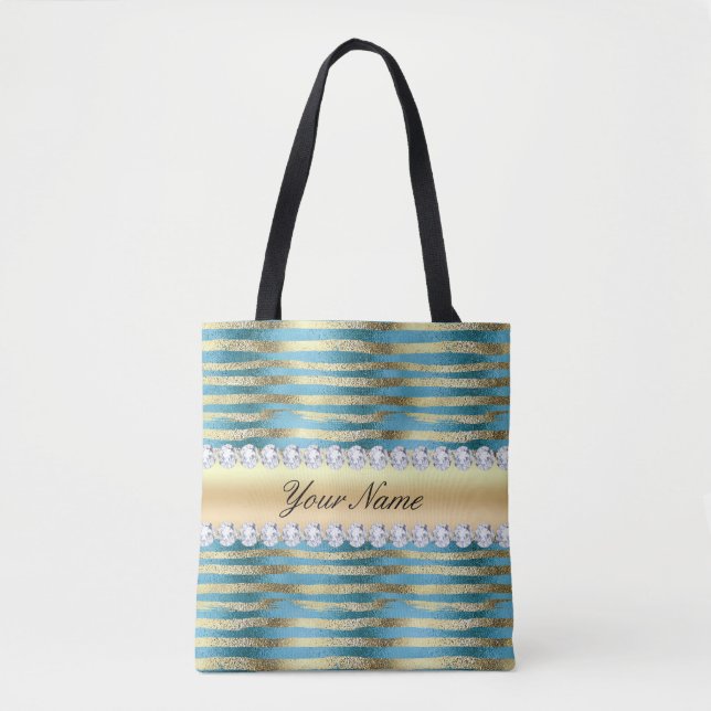 Faux Gold Foil Stripes on Wavy Blue Metallic Tote Bag (Front)