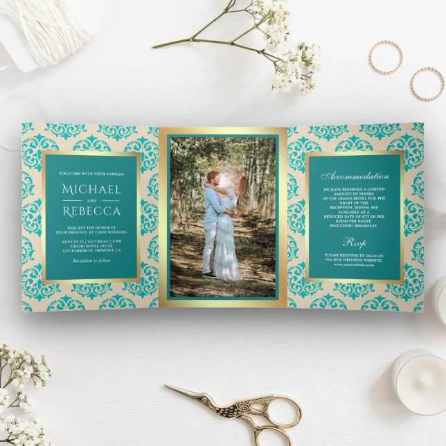 Faux Gold Foil Teal Damask Wedding Photo Tri-Fold Invitation (Creator Uploaded)