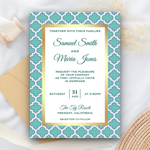 Faux Gold Foil Teal Moroccan Wedding Invitation