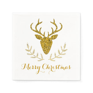 Faux Gold Foil Textured Deer Head Christmas Paper Napkins