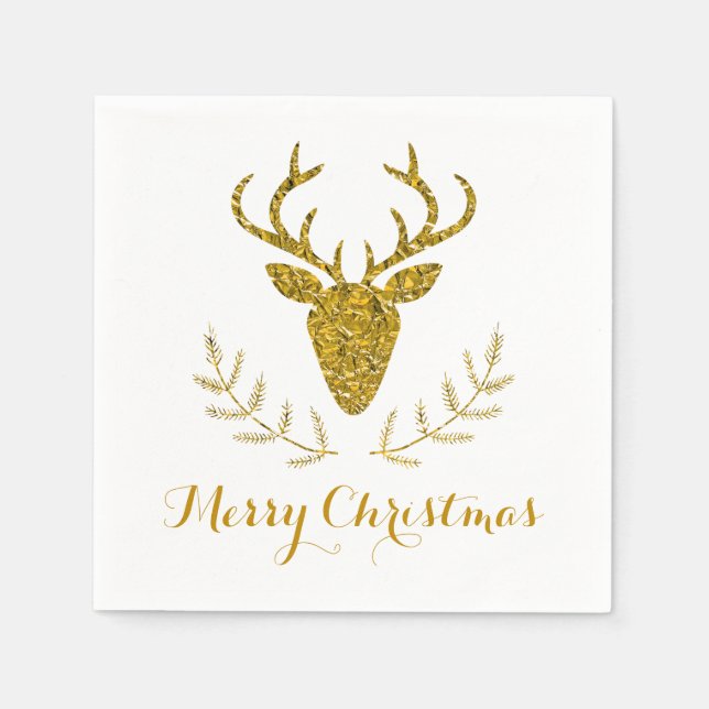 Faux Gold Foil Textured Deer Head Christmas Paper Napkins (Front)