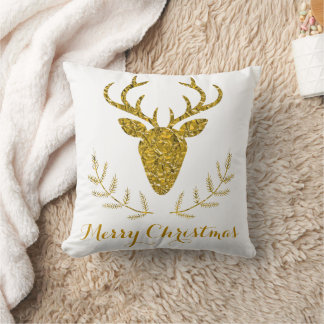 Faux Gold Foil Textured Deer Head Christmas Throw Pillow