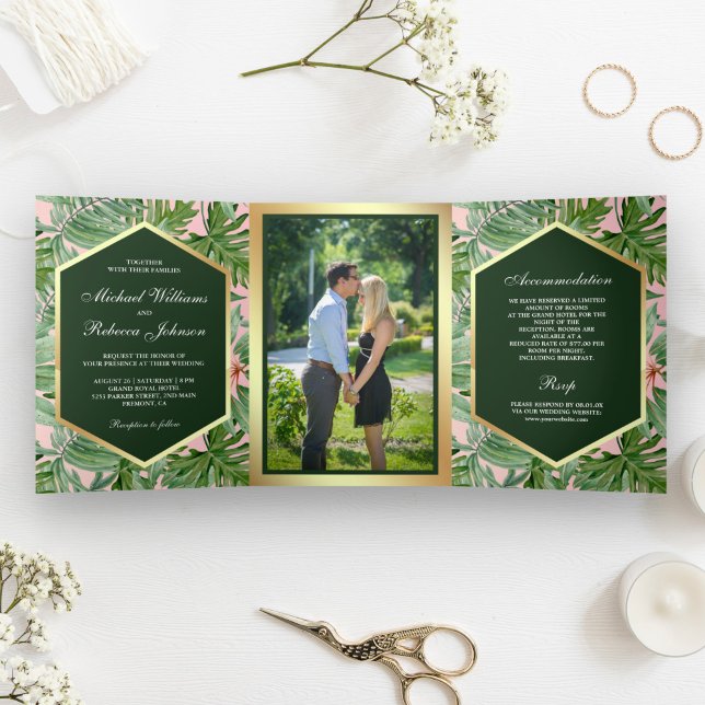 Faux Gold Foil Tropical Palm Leaves Photo Wedding Tri-Fold Invitation (Creator Uploaded)