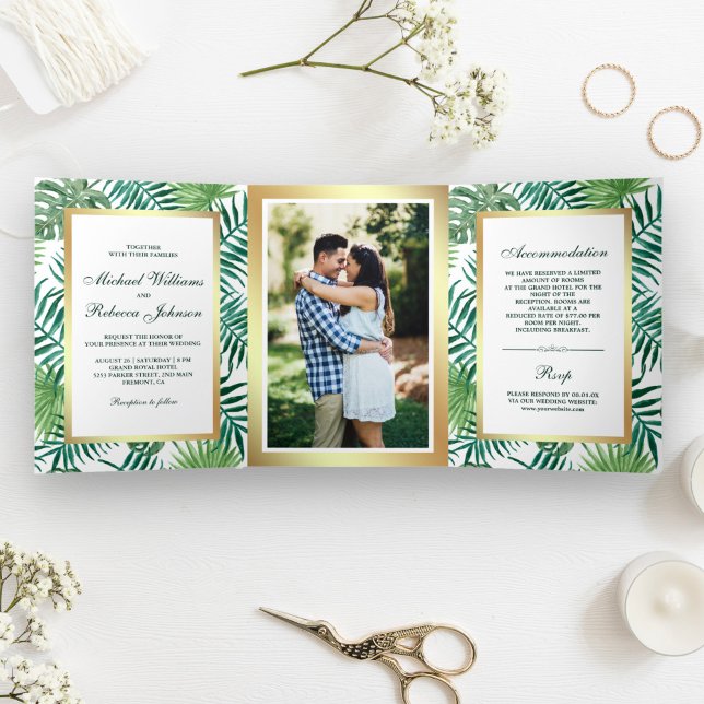 Faux Gold Foil Tropical Palm Leaves Photo Wedding Tri-Fold Invitation (Creator Uploaded)