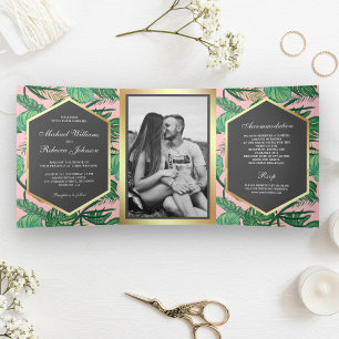 Faux Gold Foil Tropical Palm Leaves Photo Wedding Tri-Fold Invitation