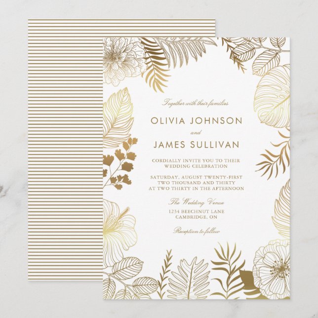 Faux Gold Foil Tropical Plants Frame Wedding Invitation (Front/Back)
