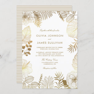 Faux Gold Foil Tropical Plants Frame Wedding Invitation