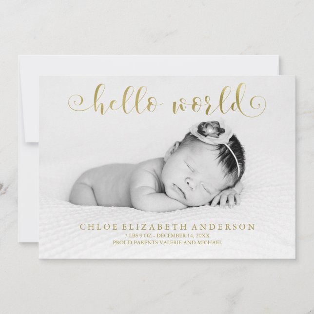 Faux Gold Foil Typography Photo Baby Announcements (Front)