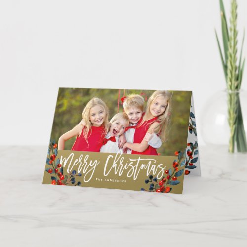 Faux Gold Foil Watercolor Berries Holiday Photo