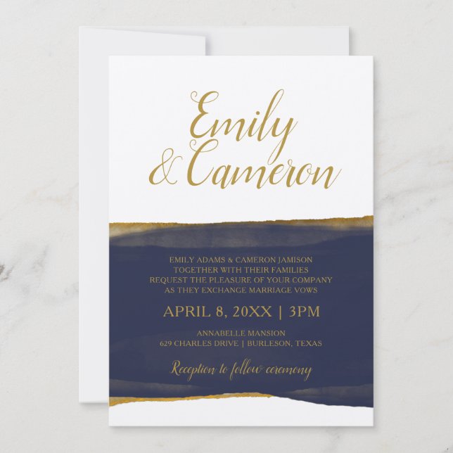 Faux Gold Foil Watercolor Strip Invitation | Navy (Front)