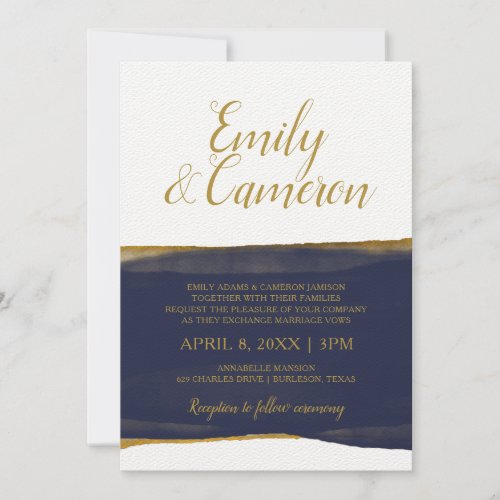 Faux Gold Foil Watercolor Strip Invitation  Navy