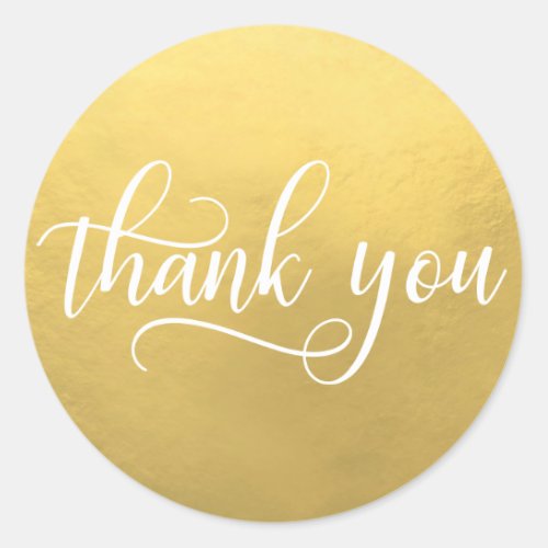 Faux GOLD FOIL White Script Calligraphy Thank You Classic Round Sticker