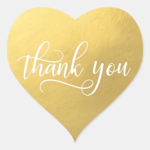 Faux GOLD FOIL White Script Calligraphy Thank You Heart Sticker