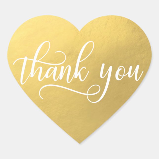 Faux GOLD FOIL White Script Calligraphy Thank You Heart Sticker (Front)