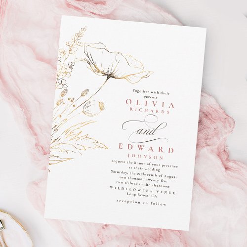 Faux Gold Foil Wildflowers Dusty Pink Wedding Invitation