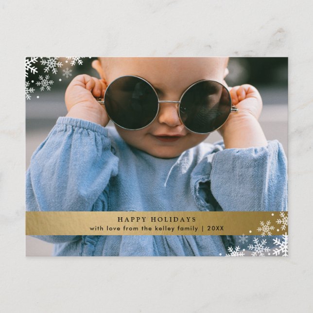 Faux Gold Foil with Snowflakes Holiday Photo Postcard (Front)