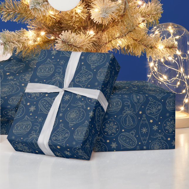 Faux Gold Foil Xmas Tree Decoration Pattern Blue Wrapping Paper (Holidays)