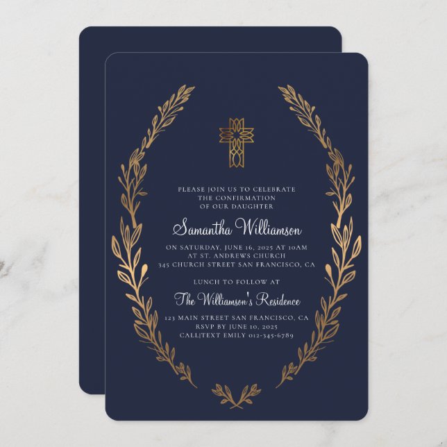 Faux Gold Foliage Blue Confirmation Invitation (Front/Back)