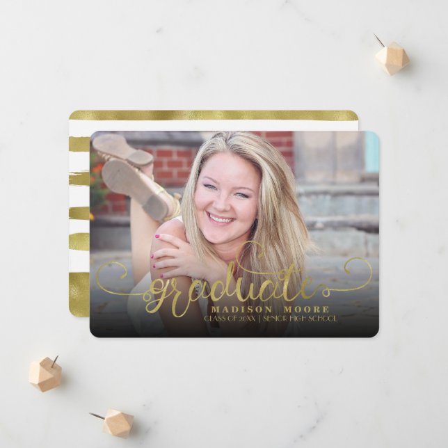 Faux Gold Formal Script Graduate Announcement Card (Front/Back In Situ)