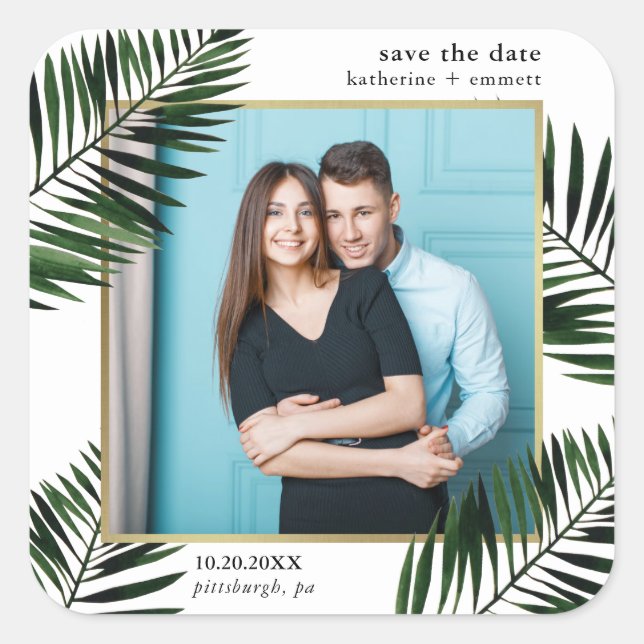 Faux Gold Frame and Palm Photo Save the Date Square Sticker (Front)
