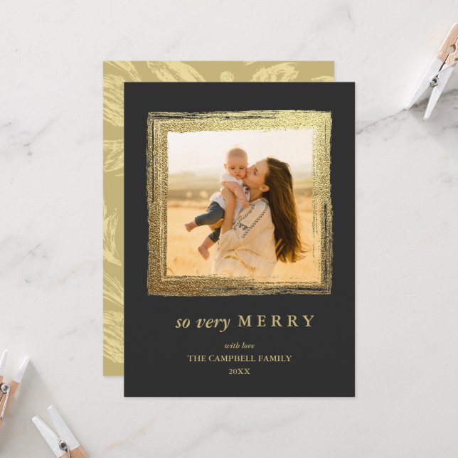 Faux Gold Frame Happy Holidays Christmas Photo Card (Front/Back In Situ)