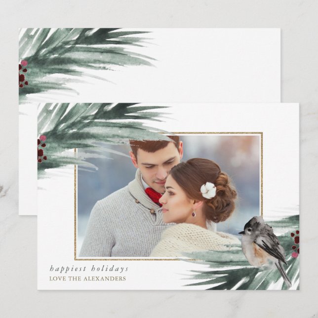 Faux Gold Frame Happy Holidays Winter Greenery Holiday Card (Front/Back)