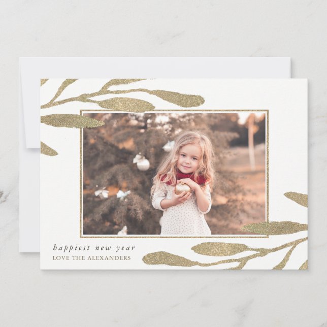 Faux Gold Frame Happy New Year Photo Holiday Card (Front)