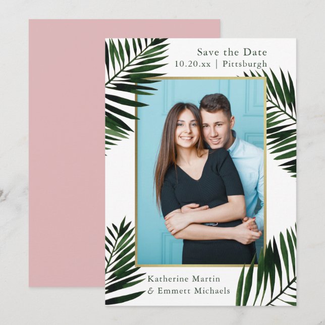 Faux Gold Frame Pink Wedding Save the Date Photo (Front/Back)