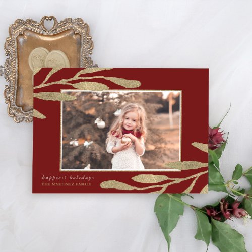 Faux Gold Frame with Botanical Leaves Photo Holiday Card