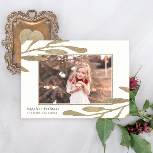 Faux Gold Frame with Botanical Leaves Photo Holiday Card